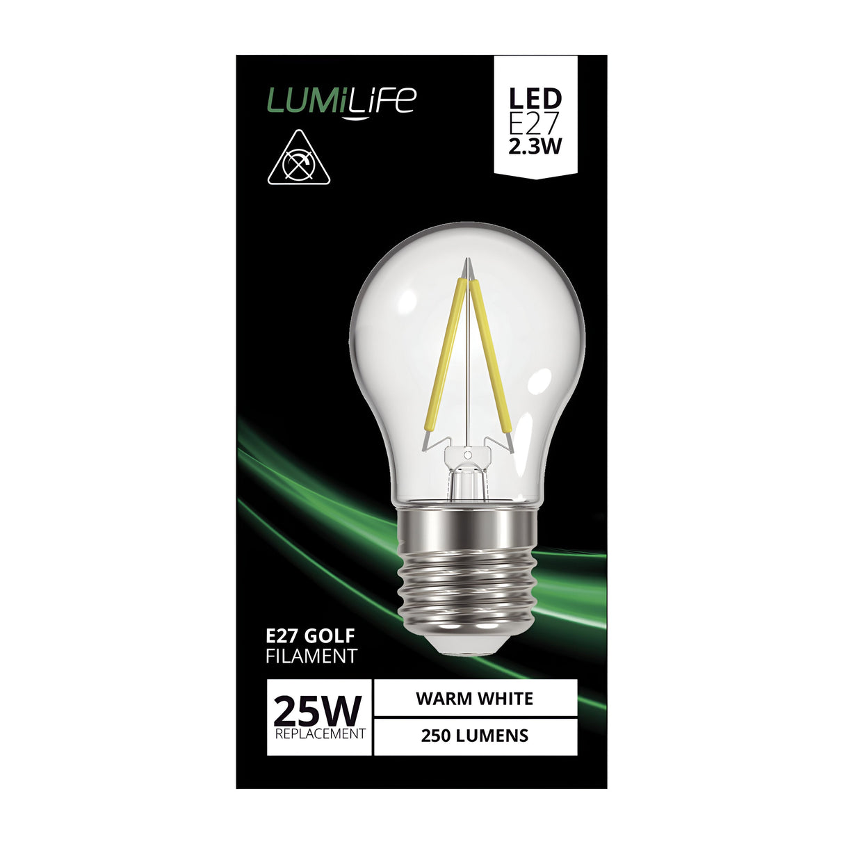 Photo of the LumiLife 2.2W Non-Dimmable LED Golf Ball Bulb packaging. The package is primarily black, featuring an image of the energy-efficient LED Golf Ball bulb. Text highlights E27 Golf Filament, 25W Replacement, warm white light at 2700K, and provides a brightness level of 250 Lumens. A green swoosh graphic appears in the background.