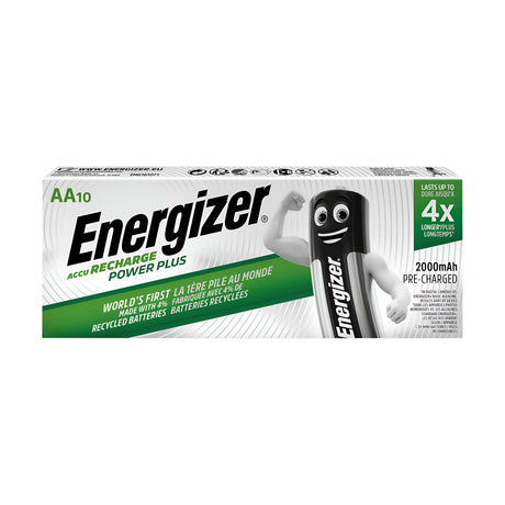 The packaging of Energizer Power Plus AA HR6 2000mAh rechargeable batteries features a cartoon battery flexing its arm, emphasizing "World's First," "Made with Recycled Batteries," and "4x Longer Plus." These powerful batteries are available in a pack of 10.