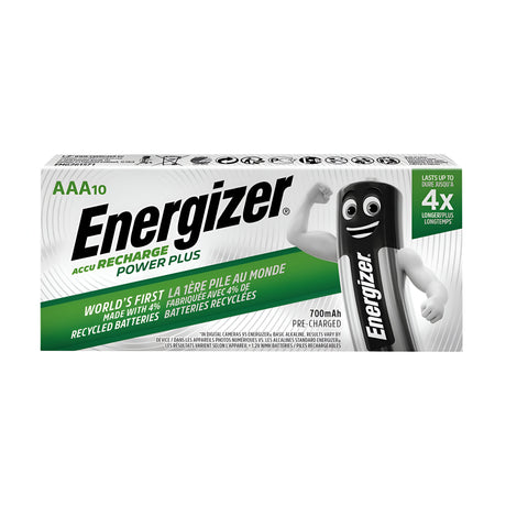 A pack of Energizer Power Plus AAA HR03 rechargeable batteries (700mAh, 10 Pack) features a smiling battery character to highlight both its pre-charged state and Nickel-Metal Hydride technology. The packaging underscores the use of 4% recycled batteries and presents bilingual text in English and French.