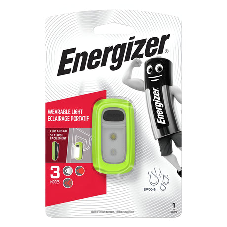 The Energizer Clip LED Torch 30 Lumen, which comes with batteries included, features Light Fusion Technology and a vibrant green casing. It offers three modes and includes a cartoon battery character on the packaging to emphasize its easy clip-and-go design and IPX4 water resistance, ensuring convenience for any adventure.