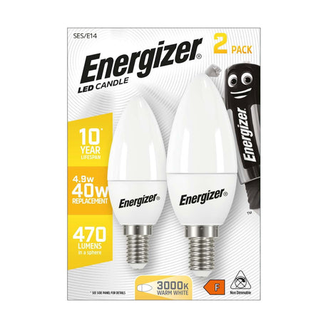 E14 (SES) LED Candle Bulb 4.9W 470lm - Warm White 3000K, 2 Pack - Energizer retail pack