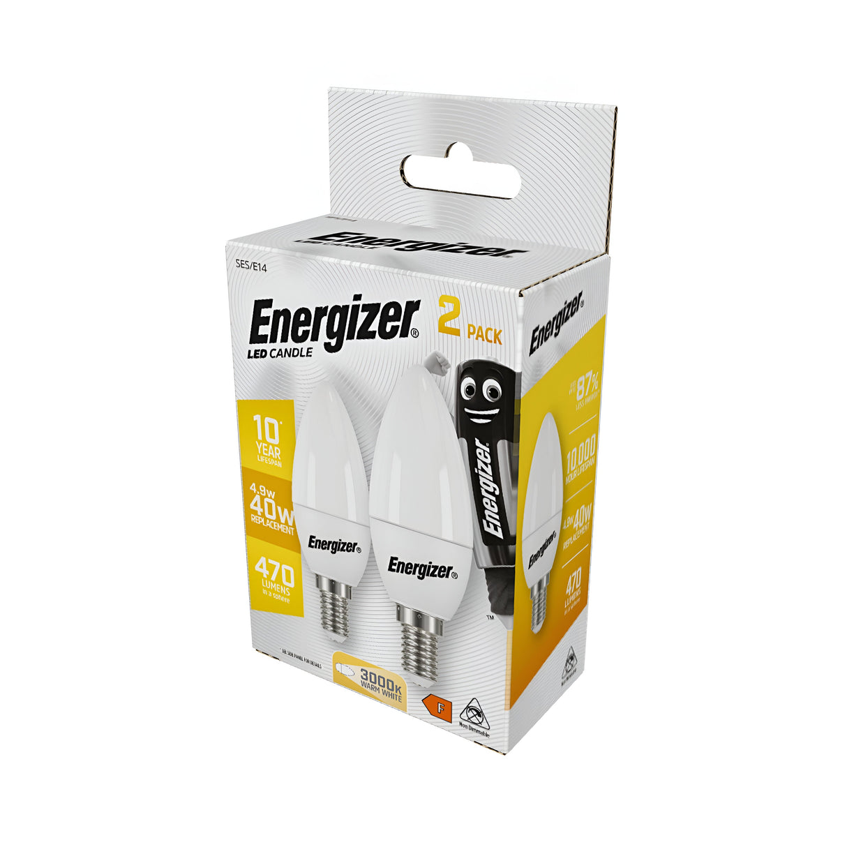 The packaging for the Energizer 4.9W Non-Dimmable LED Candle Bulb - Warm White, E14, 3000K (2 Pack) features its warm white glow of 3000K and highlights its exceptional energy efficiency with a lifespan of 10 years and output of 470 lumens. It also promotes significant energy savings, delivering the equivalent brightness of a traditional 40-watt bulb while reducing usage by an impressive 87%.