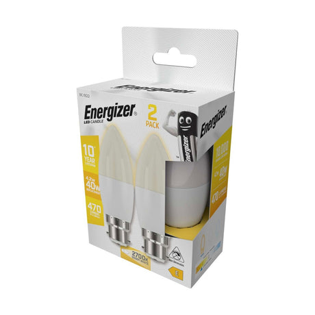B22 (BC) LED Candle Bulb 4.2W 470lm - Warm White 2700K, 2 Pack retail pack