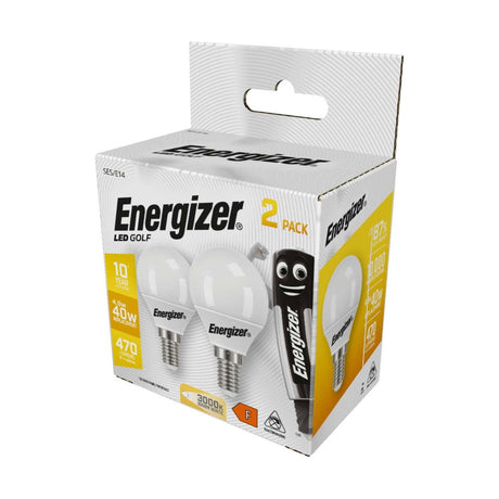 E14 (SES) LED Golf Bulb 4.9W 470lm - Warm White 3000K, 2 Pack - Energizer retail pack