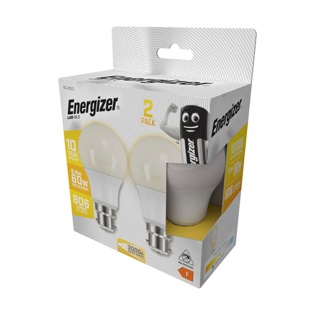 B22 (BC) LED GLS Bulb 8.8W 806lm - Warm White 3000K, 2 Pack - Energizer retail pack