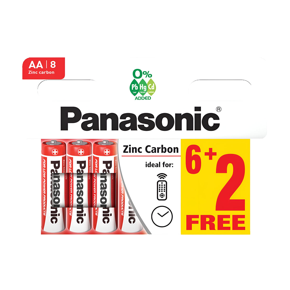 The Panasonic AA LR6 Zinc Batteries (6+2 Pack) are featured, providing a dependable power solution with a special offer of 6 batteries plus 2 free. The packaging underscores its eco-friendly design by stating 0% Pb Hg Cd added and includes icons for a remote control, clock, and flashlight to highlight its versatile use.