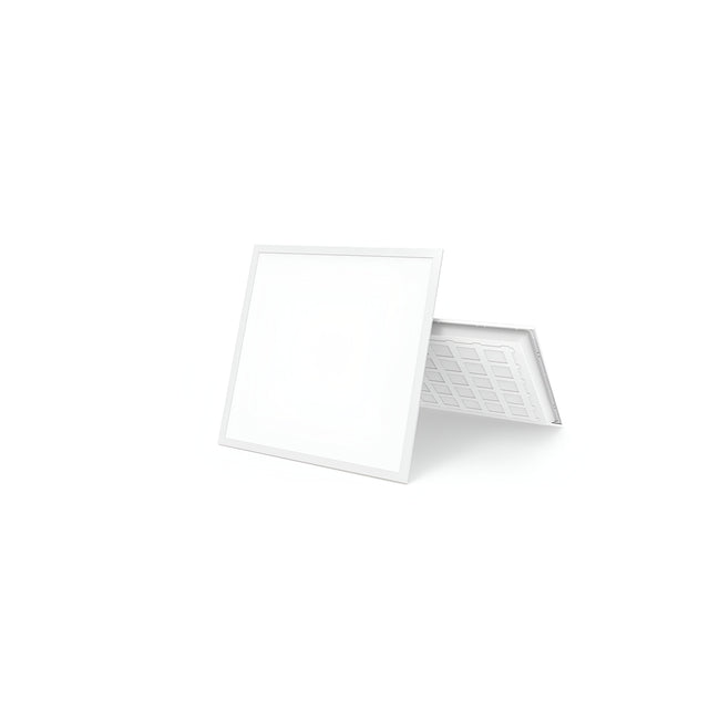 A white Lumilife LED 600x600mm Panel Light - 4000K, 36W is depicted standing upright against a white background. One panel is angled to display its grid-patterned back. The minimalist arrangement emphasizes the light's sleek, modern design, ensuring both energy efficiency and glare-free illumination.