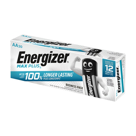 The image highlights the Energizer Max Plus AA LR6 Alkaline Batteries (20 Pack), featuring a vibrant cartoon battery character with arms and legs. The packaging emphasizes extended performance, claiming 100% longer-lasting power. The design is predominantly white with blue accents, ideal for fans of AA LR6 batteries.