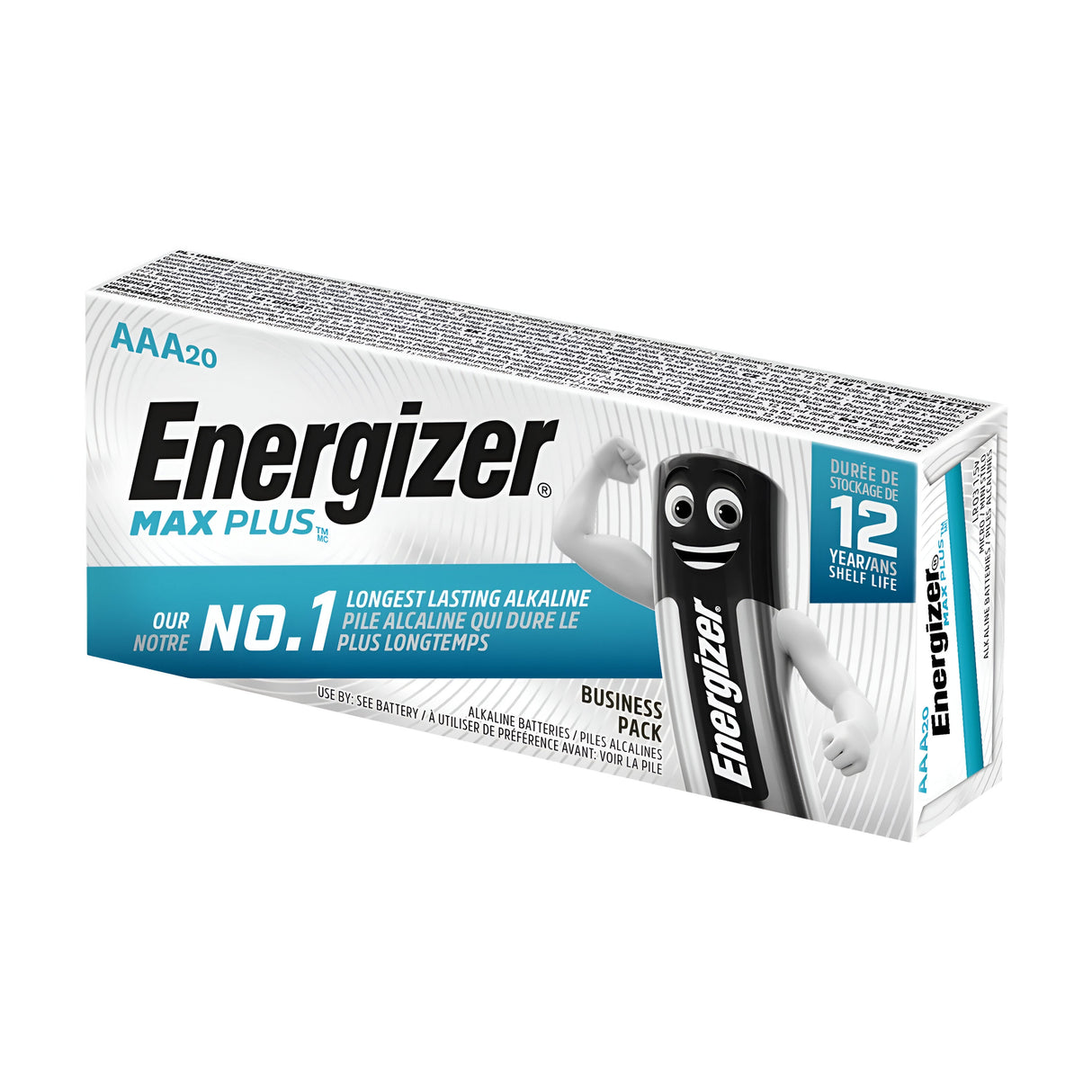 A lively Energizer mascot graces the packaging of the Energizer Max Plus AAA LR03 Alkaline Batteries (20 Pack), which claims to be the No.1 longest-lasting alkaline option, with a leak-resistant design and a shelf life of up to 12 years.