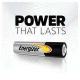 Image of an Energizer Power AAA Battery with the text Power That Lasts above it. The background features subtle circular patterns, highlighting the enduring energy of Energizer Power Alkaline Batteries.