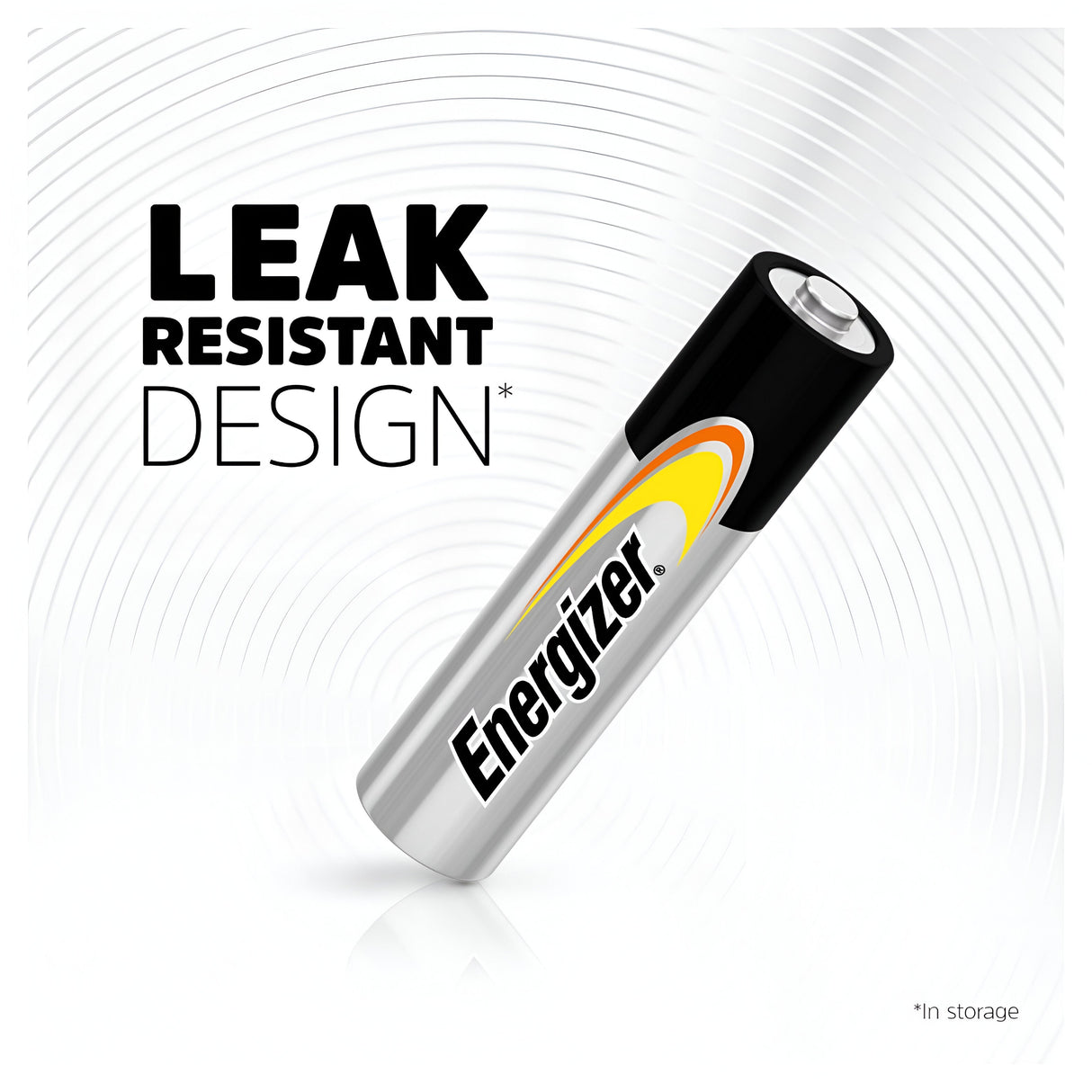Image of an Energizer Power AAA LR03 Alkaline battery on a white background with circular patterns. The text LEAK RESISTANT DESIGN* *In storage is displayed in bold black letters, emphasizing its long-lasting energy.