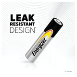 Image of an Energizer Power AAA LR03 Alkaline battery on a white background with circular patterns. The text LEAK RESISTANT DESIGN* *In storage is displayed in bold black letters, emphasizing its long-lasting energy.