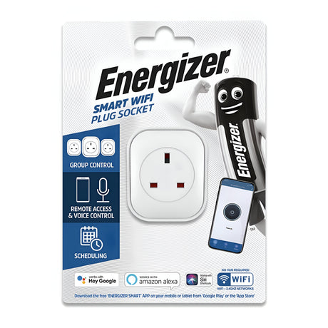 The packaging for the Energizer Smart WIFI UK Plug - White showcases features such as group control, remote access, seamless voice control, and scheduling. It is compatible with Google Assistant, Amazon Alexa, and operates on WiFi 2.4GHz. Additionally, a cartoon Energizer battery character provides a whimsical element to the design.