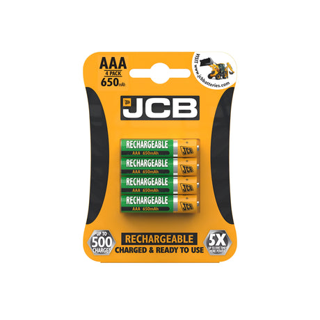 A pack of four JCB AAA HR03 rechargeable batteries, each featuring a 650mAh capacity and designed for high-drain devices. The packaging emphasizes up to 500 charge cycles and claims to be five times more powerful.