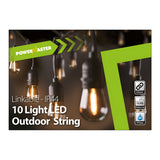 Image of the PowerMaster Outdoor 10 Light Filament LED String Lights - 9m box featuring filament-style LED bulbs, a green border, and icons for linkable capability, 15,000 hours lifespan, and IP44 rating.