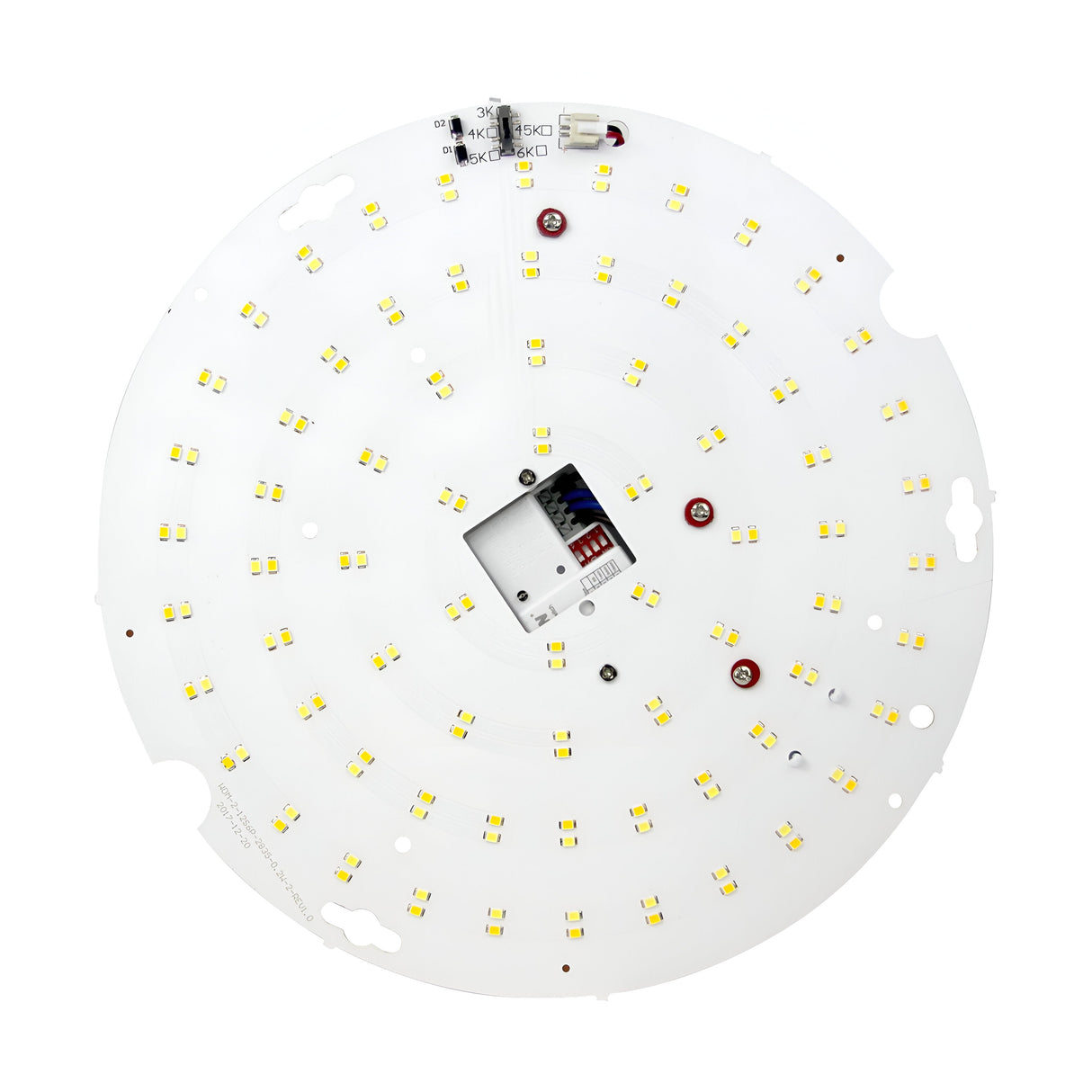 The PowerMaster 16W LED Bulkhead Gear Tray With Microwave features numerous small yellow lights in concentric circles on a white board with electronic components, connectors, and a square cutout at the center. It offers CCT adjustable functionality for versatile lighting needs.