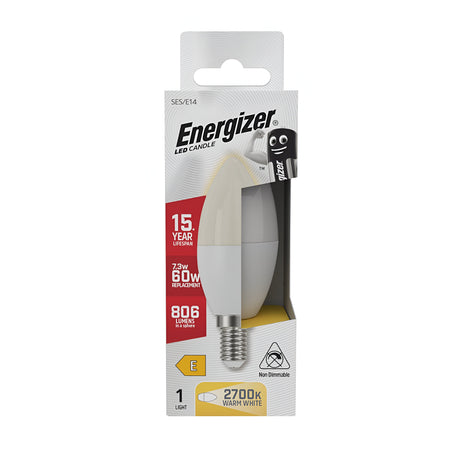 The packaging of the Energizer 7.3W Non-Dimmable LED Candle Bulb emphasizes its standout features: a long-lasting 15-year lifespan, cozy warm white light at 2700K, and a brightness of 806 lumens, making it equivalent to a traditional 60W bulb. The design elegantly showcases both the product branding and detailed specifications for this non-dimmable E14 bulb.