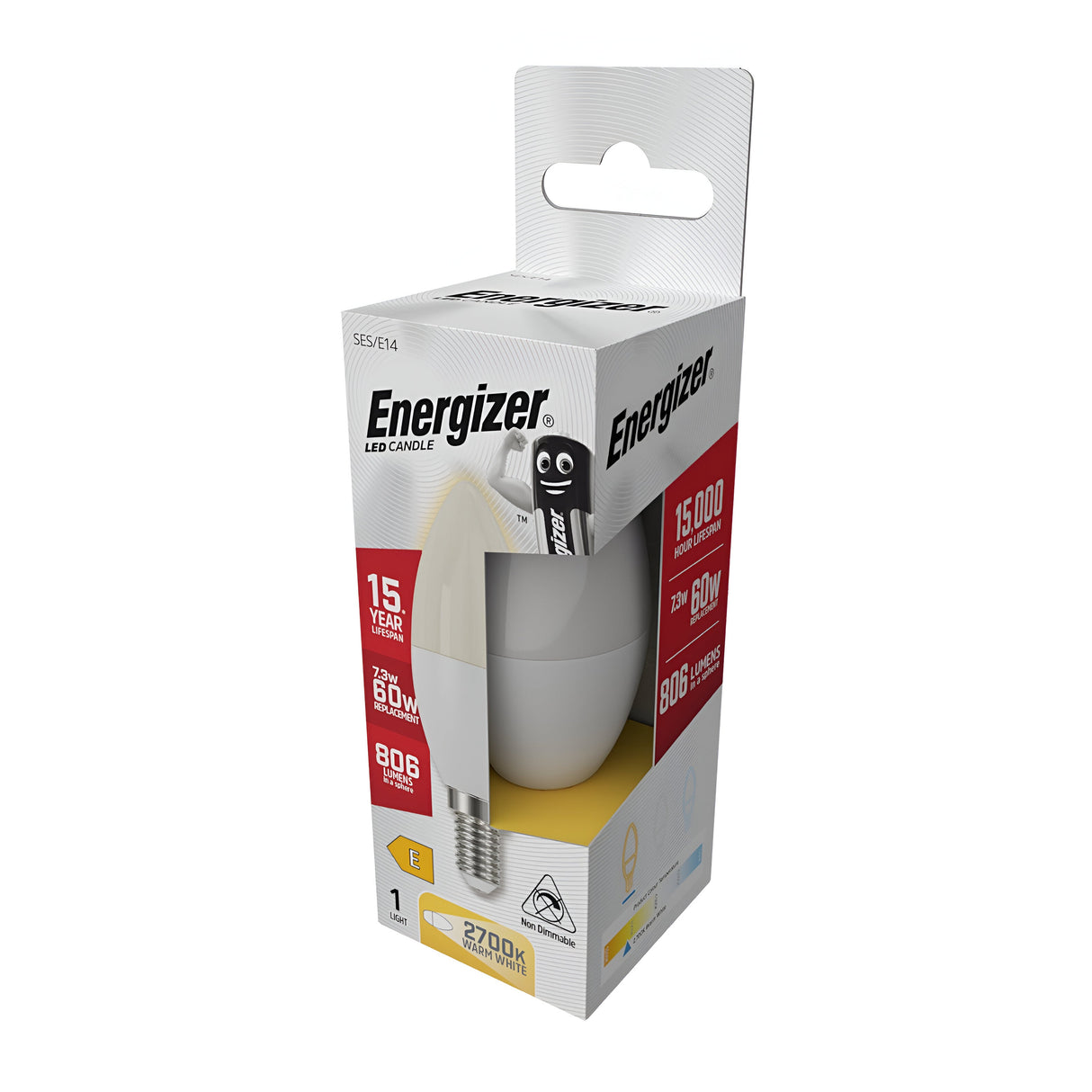 The image features a boxed Energizer 7.3W Non-Dimmable LED Candle Bulb in warm white, E14 format with a 2700K color temperature. Highlighting its energy-efficient performance, the bulb delivers an impressive 806 lumens of brightness, similar to a traditional 60-watt bulb, and boasts a remarkable lifespan of up to 15,000 hours or approximately 15 years. The packaging showcases a cheerful character design.