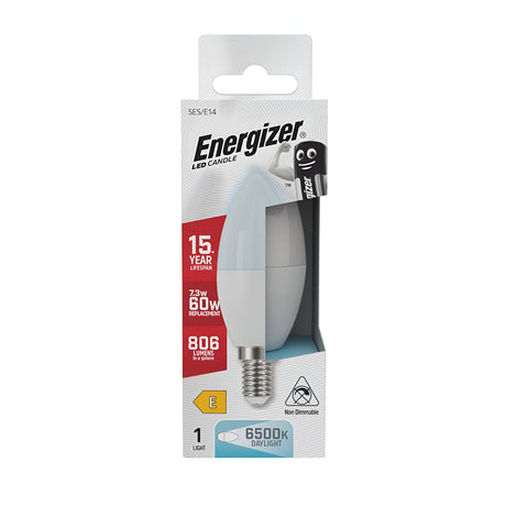 The packaging for the Energizer 8.5W Non-Dimmable LED Candle Bulb emphasizes its energy-efficient design and a 15-year lifespan. With an 8.5W power consumption, it provides the equivalent brightness of a traditional 60W bulb at 806 lumens, delivering brilliant daylight illumination at 6500K. The bulb fits an E14 base, and the box includes an image detailing all specifications.