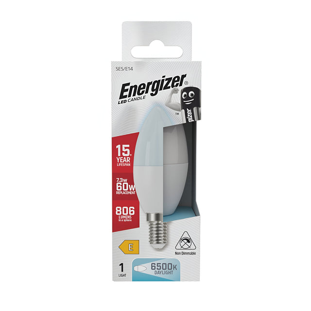 The packaging for the Energizer 8.5W Non-Dimmable LED Candle Bulb emphasizes its energy-efficient design and a 15-year lifespan. With an 8.5W power consumption, it provides the equivalent brightness of a traditional 60W bulb at 806 lumens, delivering brilliant daylight illumination at 6500K. The bulb fits an E14 base, and the box includes an image detailing all specifications.