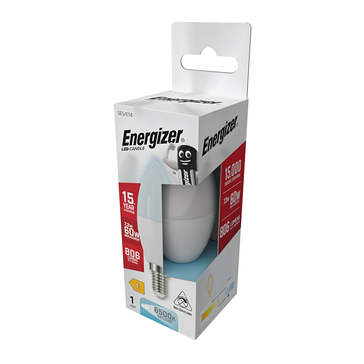 The packaging for the Energizer 8.5W Non-Dimmable LED Candle Bulb showcases its remarkable features, including a 15,000-hour lifespan and bright 6500K daylight illumination. It delivers an impressive 806 lumens output, making it an ideal replacement for a standard 60W bulb. The box displays an image of the bulb and has a handy hole for hanging.