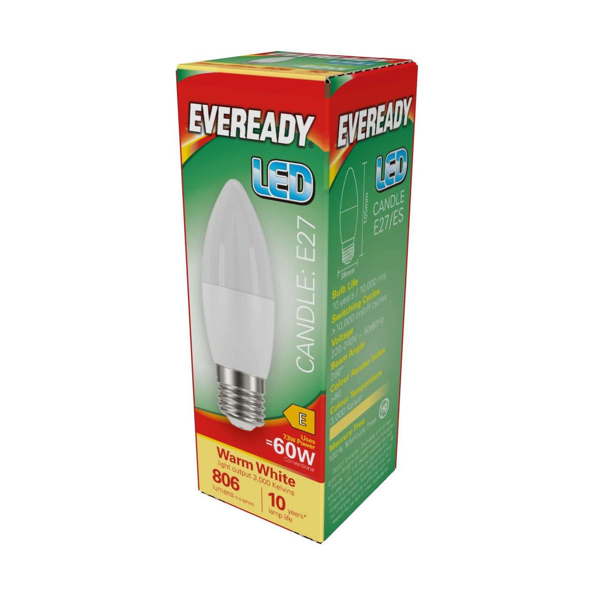 E27 (ES) LED Candle Bulb 7.3W 806lm - Warm White 3000K