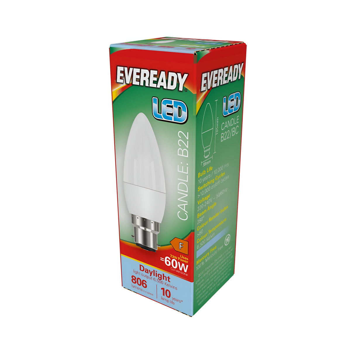 The Eveready 7.3W Non-Dimmable LED Candle Bulb is elegantly packaged in a vibrant green and red box, showcasing a candle-shaped bulb with a B22 base. It provides 806 lumens of illumination, equivalent to 60W, and is designed for bright daylight lighting with a color temperature of 6500K. With an energy rating of F, it ensures efficient energy consumption.