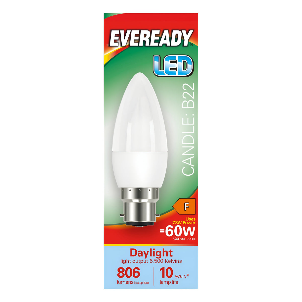 Image of the Eveready 7.3W Non-Dimmable LED Candle Bulb package, providing bright daylight illumination with an 806 lumens output and a 60W equivalent. The green packaging is adorned with white and red text, emphasizing its low energy consumption and impressive 10-year lamp life.