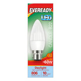 Image of the Eveready 7.3W Non-Dimmable LED Candle Bulb package, providing bright daylight illumination with an 806 lumens output and a 60W equivalent. The green packaging is adorned with white and red text, emphasizing its low energy consumption and impressive 10-year lamp life.
