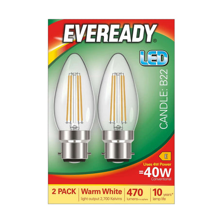 B22 (BC) LED Candle Bulb 4W 470lm - Warm White 2700K, 2 Pack retail pack