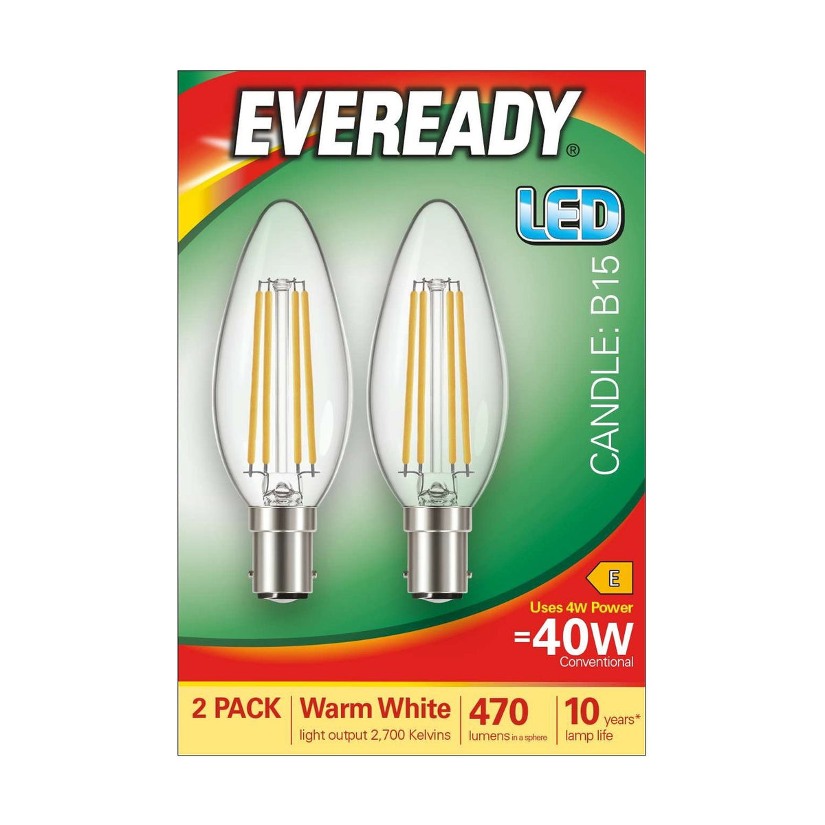 B15 (SBC) LED Candle Bulb 4W 470lm - Warm White 2700K, 2 Pack retail pack