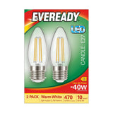 E27 LED Filament Candle Bulb 4W 470lm - Warm White 2700K, 2 Pack