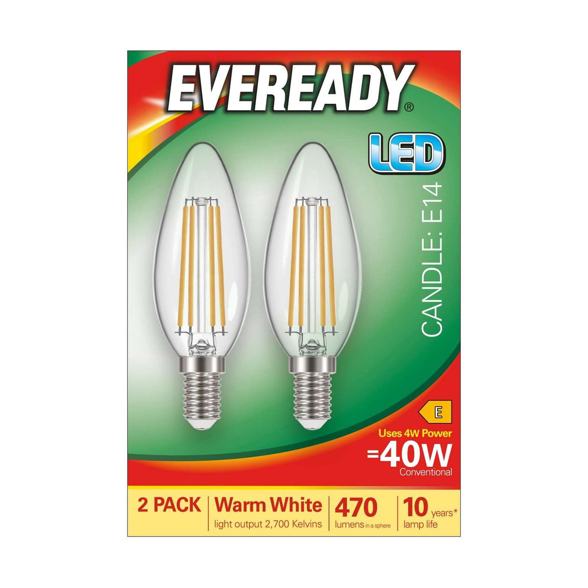 E14 LED Filament Candle Bulb 4W 470lm - Warm White 2700K, 2 Pack retail pack