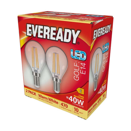 E14 (SES) LED Golf Bulb 4W 470lm - Warm White 2700K, 2 Pack retail pack