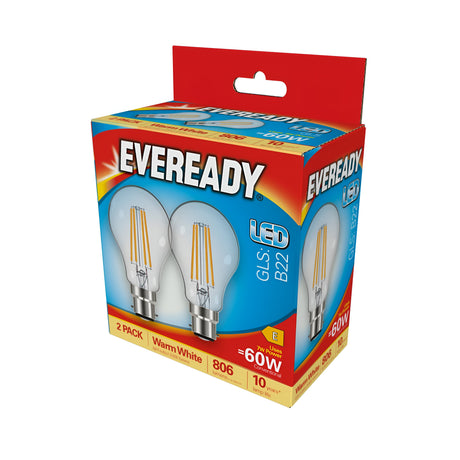 A vibrant box containing two energy-efficient Eveready 7W non-dimmable LED GLS filament bulbs with B22 bases is marked with warm white light at 2700K. The packaging highlights a 2 Pack and features primarily red and blue colors along with product illustrations.