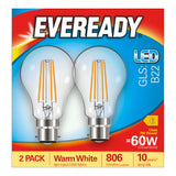 The packaging for the Eveready 7W Non-Dimmable LED GLS Filament Bulbs, sold as a 2 Pack, features "Warm White, B22, 60W equivalent, 806 lumens," emphasizing their energy-efficient design and a lifespan of 10 years against a vibrant red and blue background.