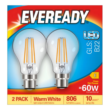 The packaging for the Eveready 7W Non-Dimmable LED GLS Filament Bulbs, sold as a 2 Pack, features "Warm White, B22, 60W equivalent, 806 lumens," emphasizing their energy-efficient design and a lifespan of 10 years against a vibrant red and blue background.