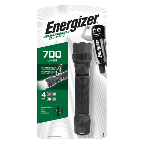 The packaging for the Energizer Rechargeable LED Torch 700 Lumen showcases a robust USB rechargeable flashlight equipped with 700 lumens, four modes, and a detachable clip. The package illustration features the flashlight next to a character wielding this tactical torch.