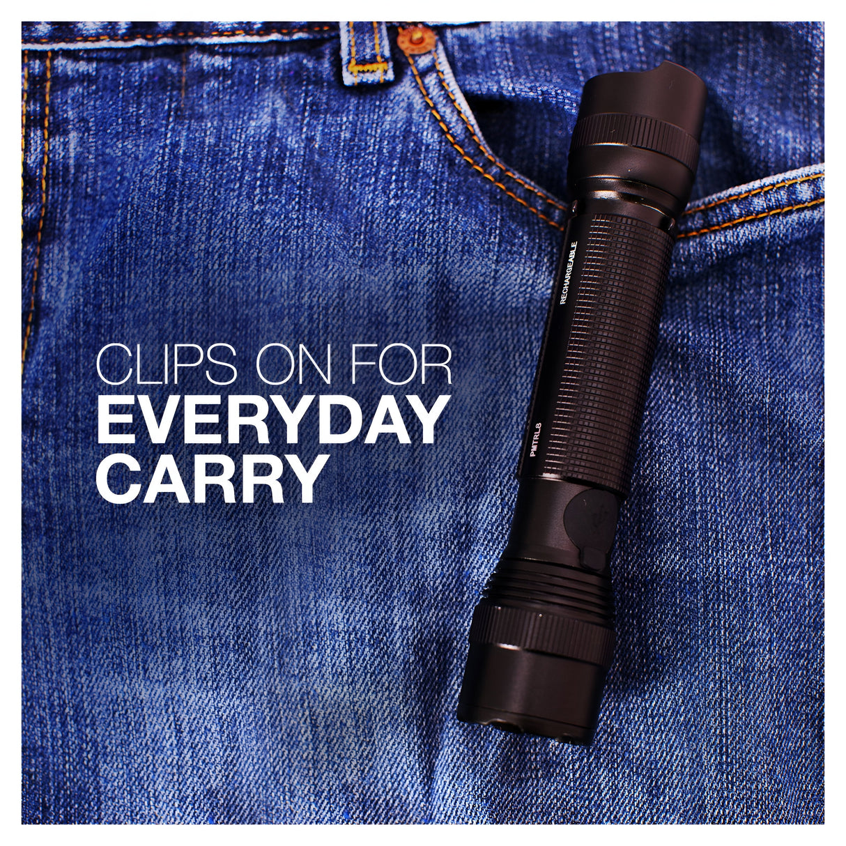 A black Energizer Rechargeable LED Torch 700 Lumen clipped onto the pocket of blue jeans, next to text that reads, CLIPS ON FOR EVERYDAY CARRY.