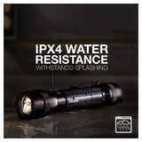 A black Energizer Rechargeable LED Torch 700 Lumen with a textured grip rests on a wet surface. Text above reads IPX4 Water Resistance Withstands Splashing, and a symbol indicates compliance with the FL1 Standard, making it an essential tool for emergency preparedness.