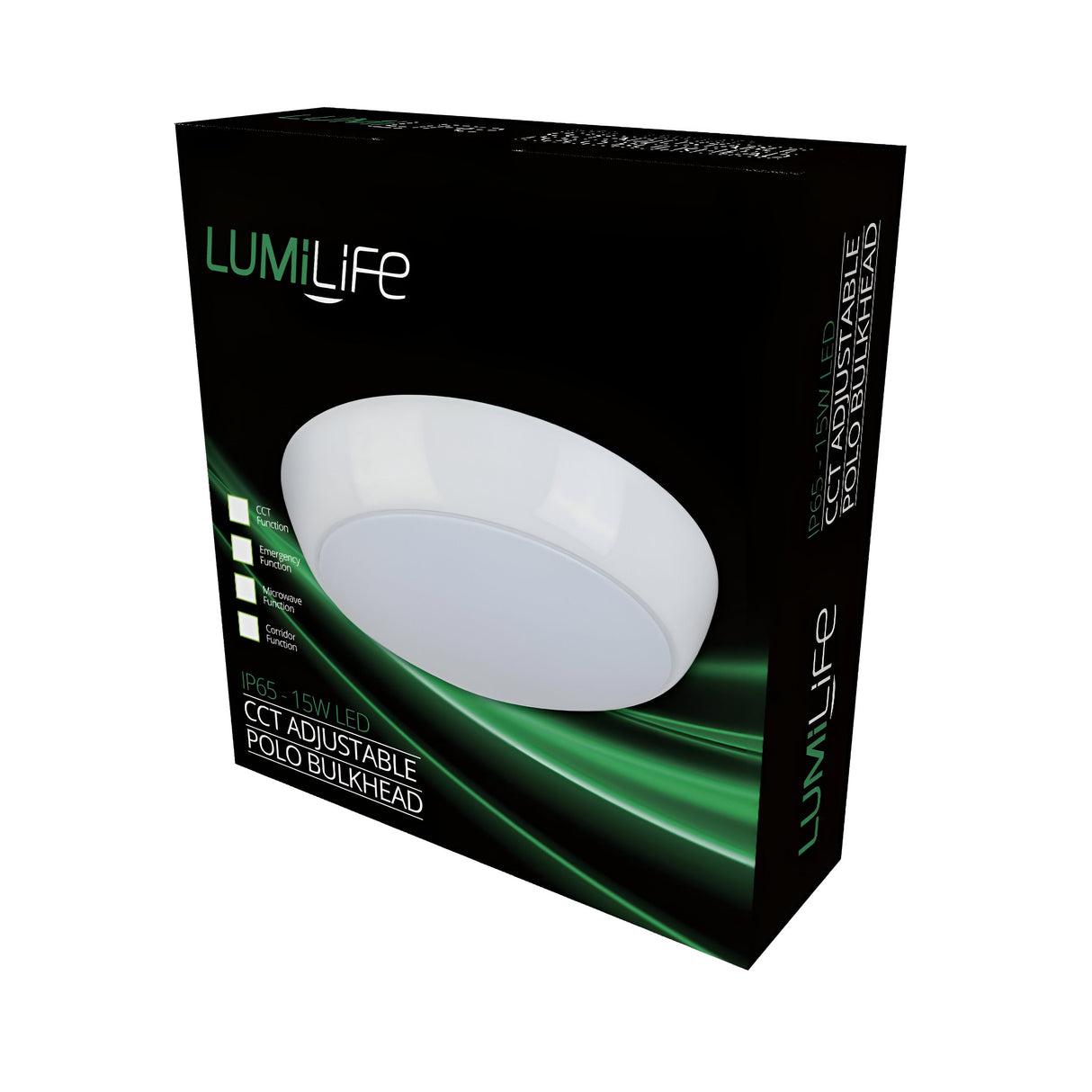 A sleek black box showcases the Lumilife 16W Outdoor Polo Bulkhead with Microwave Sensor - CCT Adjustable light, ideal for both indoor and outdoor settings. The packaging features an image of the round, white fixture accompanied by essential details such as its IP65 rating and 16W LED power. Stylish green wave graphics accentuate the box's design.