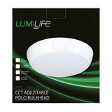 Packaging for a Lumilife 16W Outdoor Polo Bulkhead light with Microwave Sensor and CCT Adjustable features, boasting an IP65 rating and suitable for both indoor and outdoor use. The image displays the fixture against a dark background, with green and white text emphasizing its emergency capabilities and microwave functions.