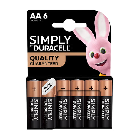 The Duracell Simply AA LR6 Alkaline Batteries (6 Pack) are ideal for powering everyday devices. The packaging, marked with "Quality Guaranteed," features a cartoon pink bunny in the top right corner.