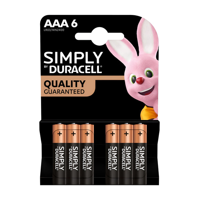 A six-pack of Duracell Simply AAA LR03 alkaline batteries, showcasing the iconic bunny mascot on the top right corner of its packaging. The package emphasizes the "Quality Guaranteed" text, assuring dependable energy for your devices.