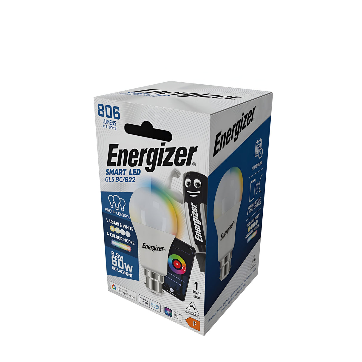 Packaging of an Energizer 9.2W Dimmable B22 Smart GLS Bulb features 806 lumens, voice control, group control, adjustable white light with a choice of 16 million colors. The image shows a color spectrum near the bulb graphic and an energy rating of F. Compatible with the Energizer Smart app.