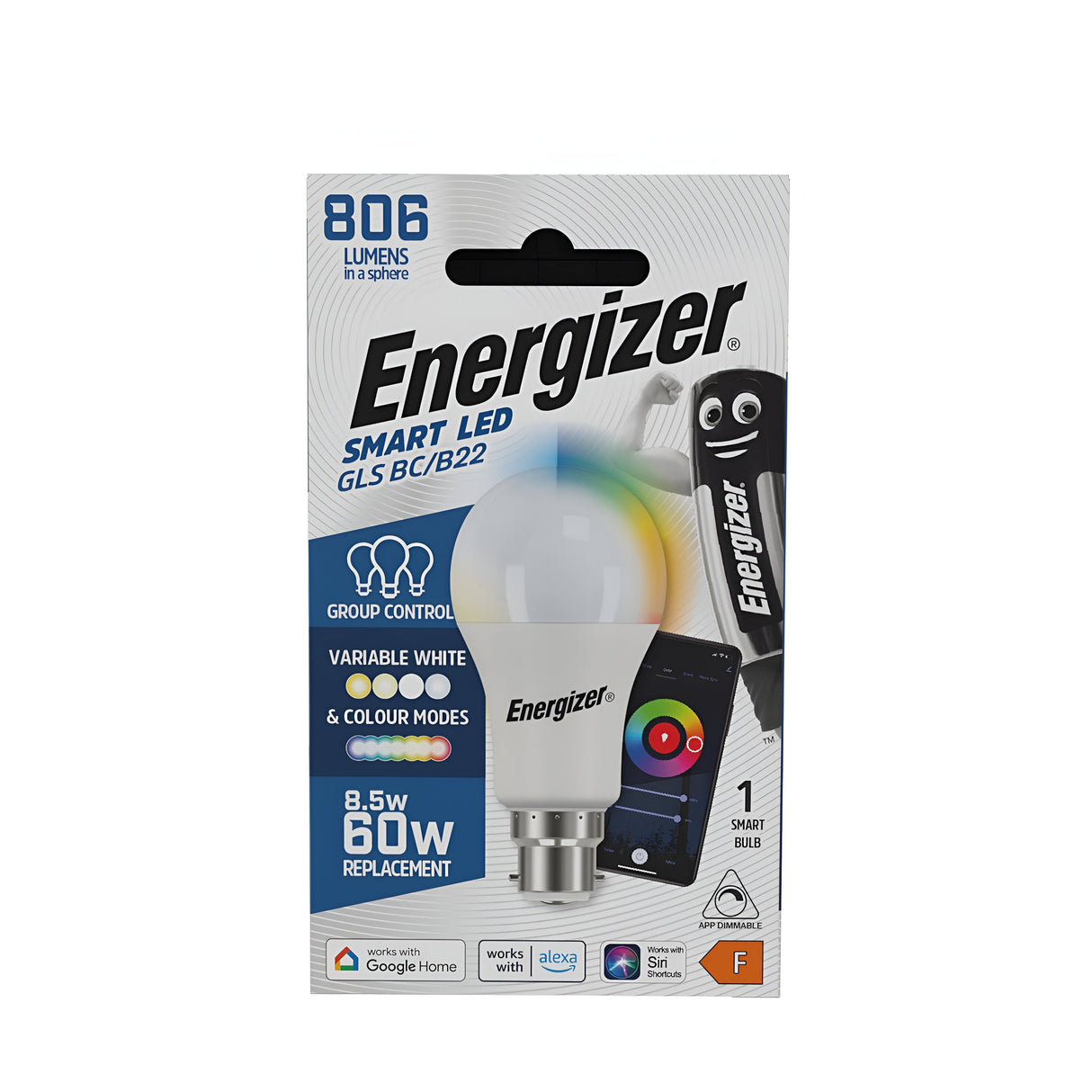 Packaging for an Energizer 9.2W Dimmable B22 Smart GLS Bulb - Colour Changing. With 806 lumens and 9.2W power, it replaces a 60W bulb. The smart bulb supports Google Home and Alexa for seamless voice control, offering adjustable lighting with variable white and color modes. Contains one smart bulb.