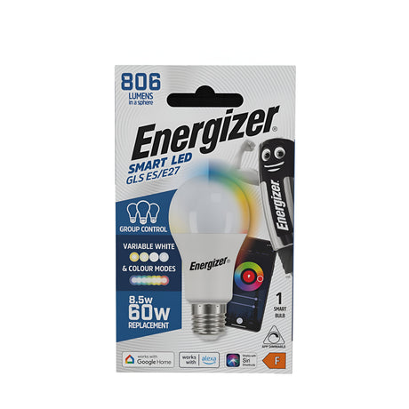 The packaging of the Energizer 8.5W Dimmable E27 Smart GLS Bulb - Colour Changing emphasizes its energy-efficient LED technology, boasting features such as 806 lumens, variable white and color modes, group control capabilities, and compatibility with Google Home and Alexa. This smart bulb effectively replaces a traditional 60W bulb with its efficient 8.5W consumption.