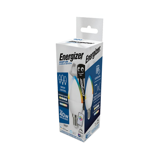 The packaging of the Energizer 4.8W Dimmable E14 Smart Candle - Colour Changing bulb highlights its group control and adjustable lighting features with variable white tones. Equivalent to a 40W halogen bulb, it operates using infrared and provides remote access. The predominantly white and blue box features an image of the bulb and promotes its 15,000-hour lifespan.