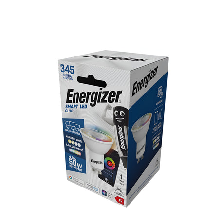 Introducing the Energizer 4.8W Dimmable GU10 Smart - Colour Changing light bulb, ideal for enhancing smart home integration. This energy-efficient bulb emits 345 lumens and is compatible with voice assistants, offering four distinct color modes. The packaging prominently showcases the LED bulb along with the iconic Energizer logo.