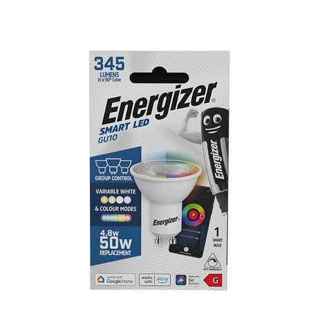 Packaging of the energy-efficient Energizer 4.8W Dimmable GU10 Smart - Colour Changing bulb, offering 345 lumens and variable white and color modes, ideal for smart home integration with Google Home, Amazon Alexa, and a smartphone app. The package includes one smart bulb that serves as a 50W replacement.